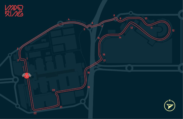 Plan officiel du circuit Madring Madrid : 22 virages, 5,4 km, tracé semi-urbain à Valdebebas
